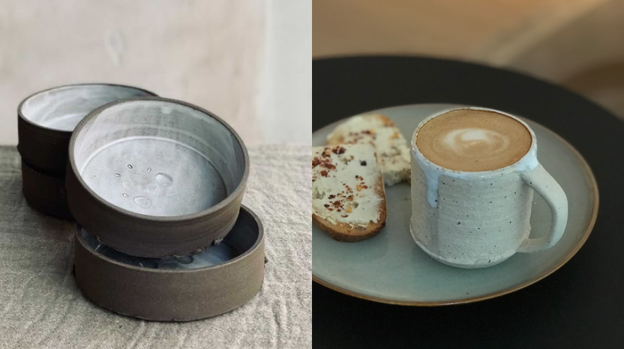 handmade ceramics cup and containers in grey tones