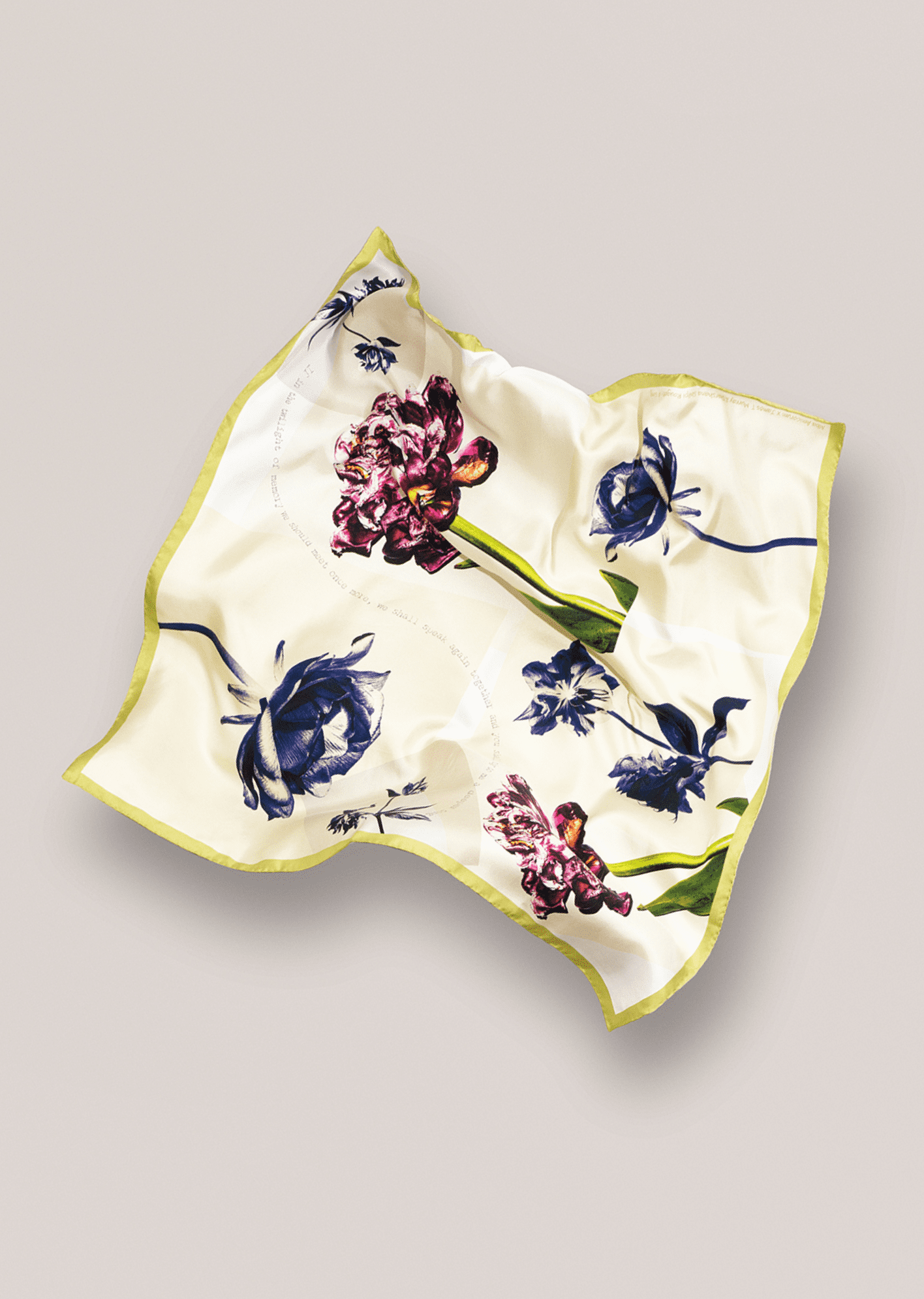 Floral patterned square scarf by James T Murray on a beige background