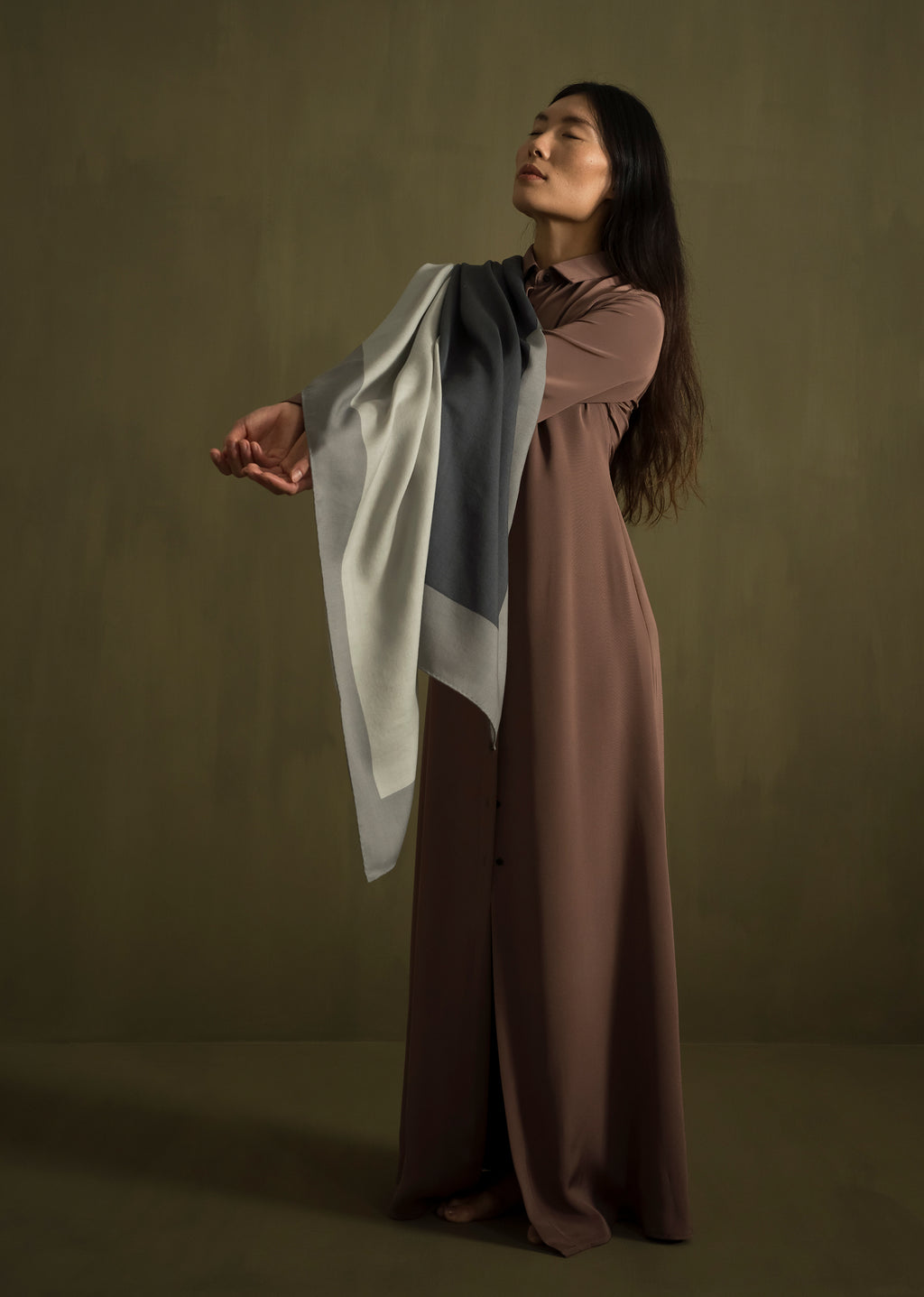 Intonation 02, soft woollen shawl by Alba Amicorum, in grey tones, hand rolled hems