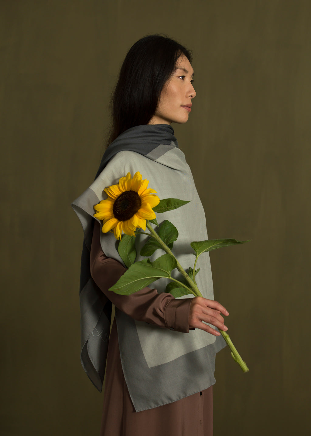 Intonation 02, soft woollen shawl by Alba Amicorum, in grey tones, hand rolled hems