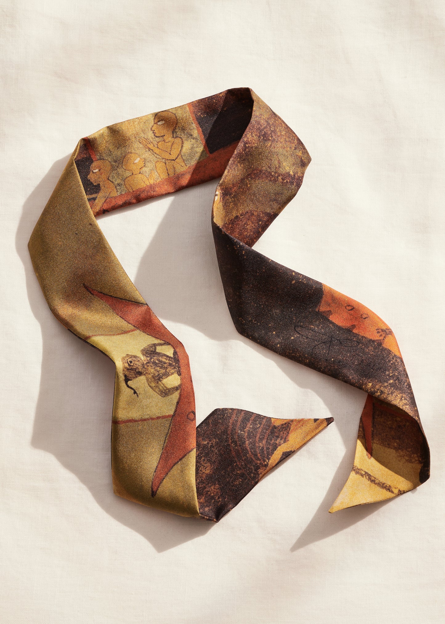  section of artist Babuji Rajendra Shilpi’s surrealist gouache painting on a silk twilly scarf