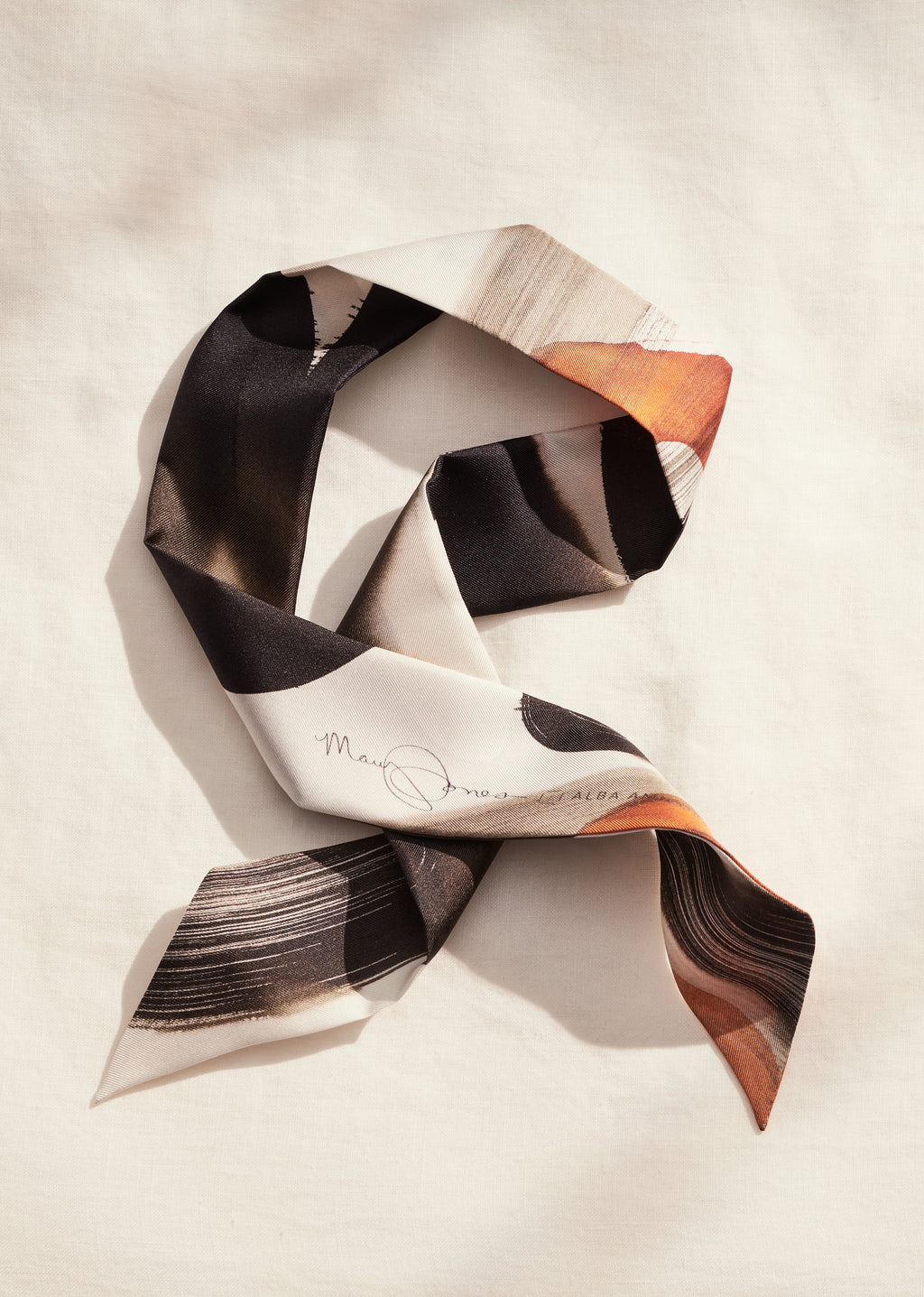  silk twilly scarf. Artist Mary Jones hints at early spring blossoms under the ink-filled moving brush.